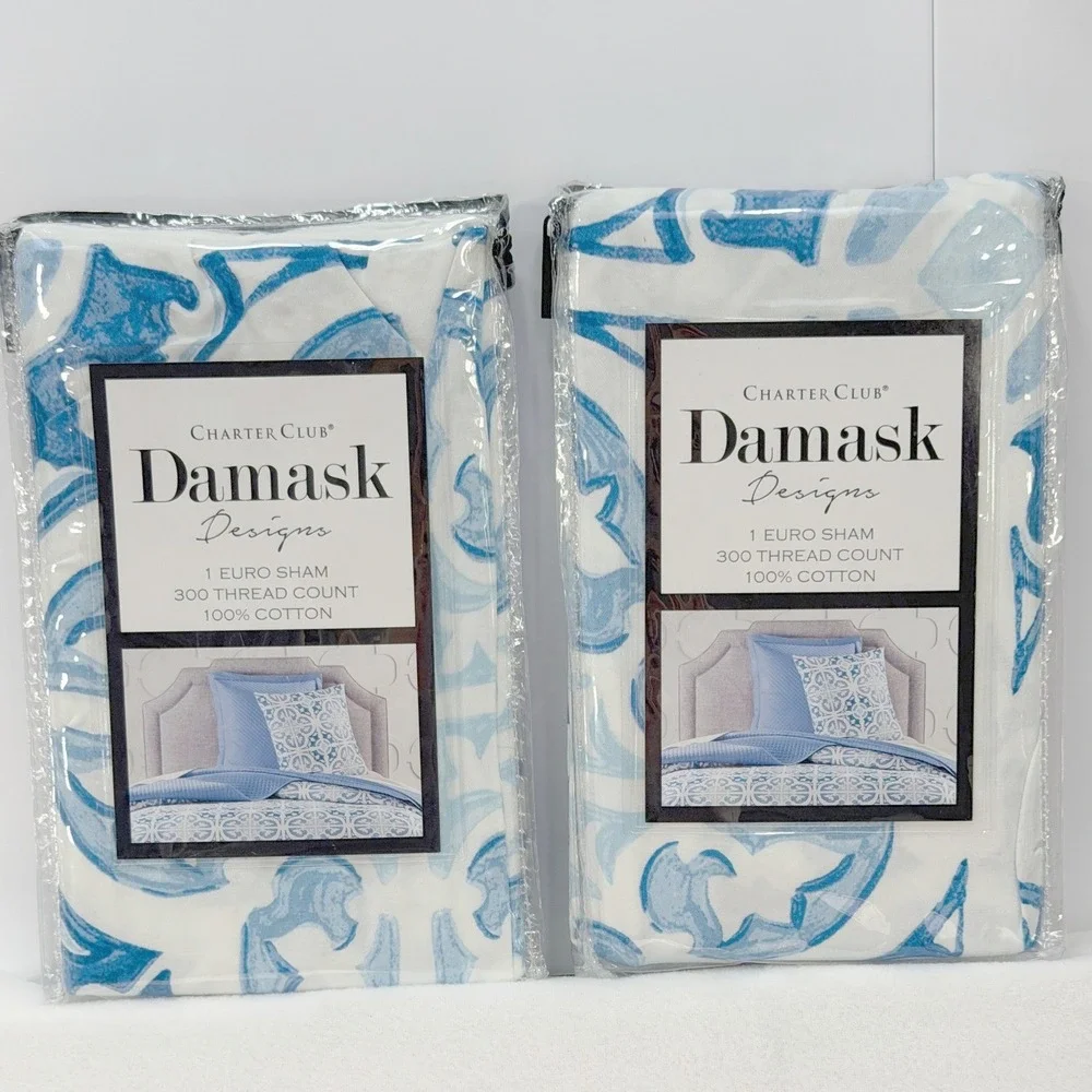 Charter‎ Club Painted Tile Euro Shams Set Blue White Boho Coastal Cotton Beach